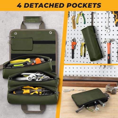 Tool Bag Roll Up, UUP Heavy Duty Portable Soft Tool Storage Organization, Foldable Empty Rollup Organizer with 2 Small Pouches, Rollable Carrying Toolbag, Dad Men Mechanic Welding Birthday Gift, Green
