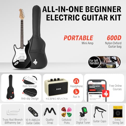 Donner DST-100B 39 Inch Electric Guitar Beginner Kit Solid Body Full Size Black HSS for Starter, with Amplifier, Bag, Digital Tuner, Capo, Strap, String,Cable, Picks