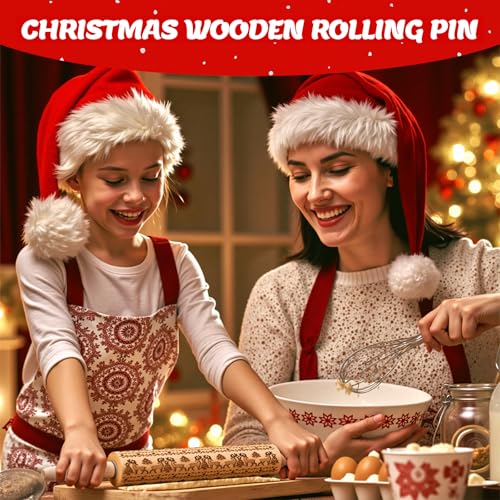 Christmas Gifts Wooden Embossed Rolling Pin for Baking, Stocking Stuffers Gifts for Women, Deep Engraved Embossing Rolling Pins with Snow Pattern Designs for Baking Cookies Stamps Roller DIY Tools