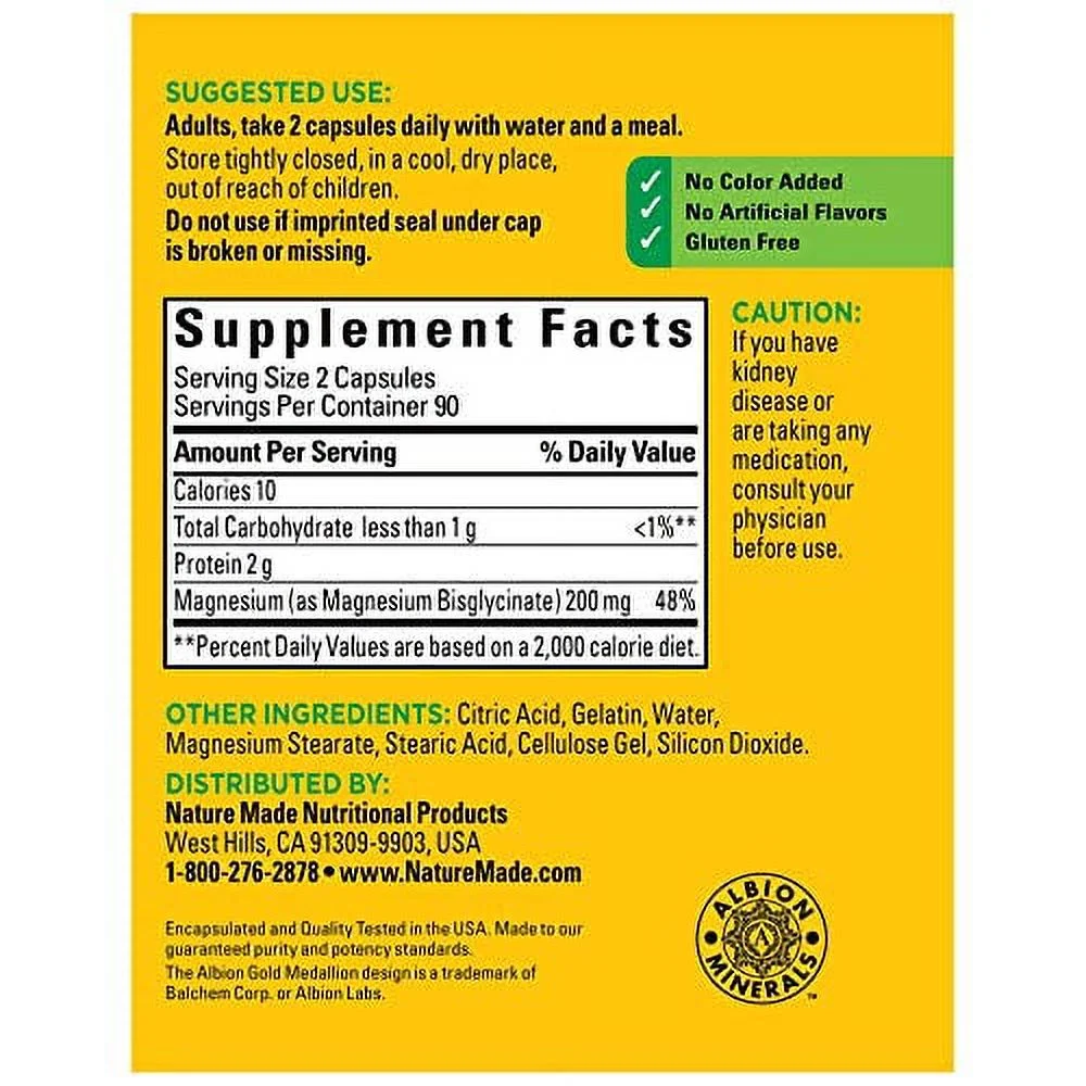 Nature Made High Absorption Magnesium Glycinate 200 mg, Supports Muscle Relaxation, Heart, Nerve, and Bone Health, 180 Capsules