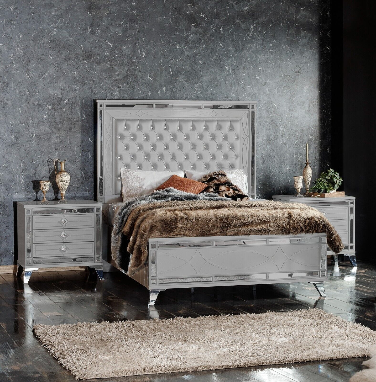 3pc Modern Luxury Queen Light Gray Tall Queen Bed w/LED 2x Nightstand Set Bedroom Furniture
