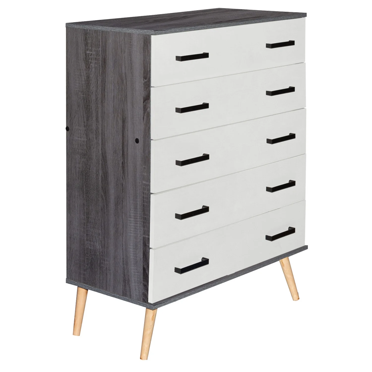 Better Home Products Chest Five Drawer with Pine Legs in Gray and Silver Oak Finish.
