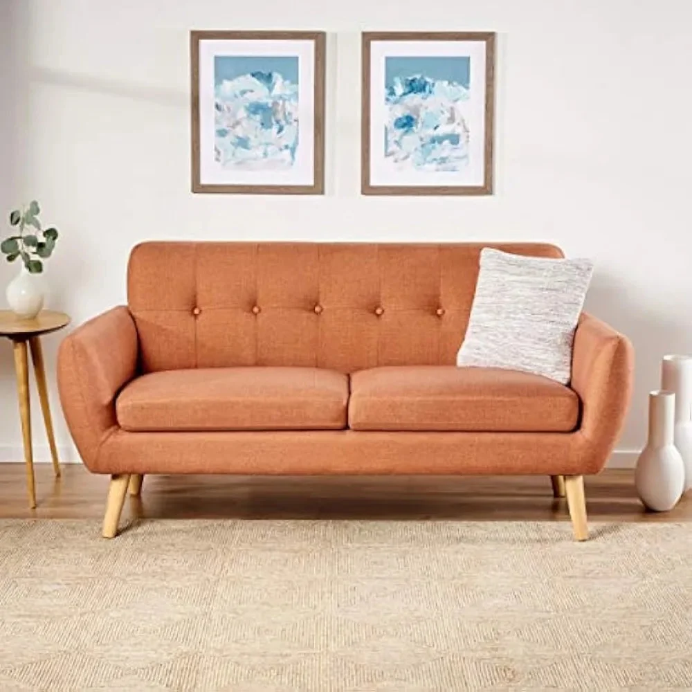 Sofas for Living Room Home Mid-Century Modern Petite Fabric Sofa Sofa Living Room Sofas Burnt Orange / Natural Bed Furniture