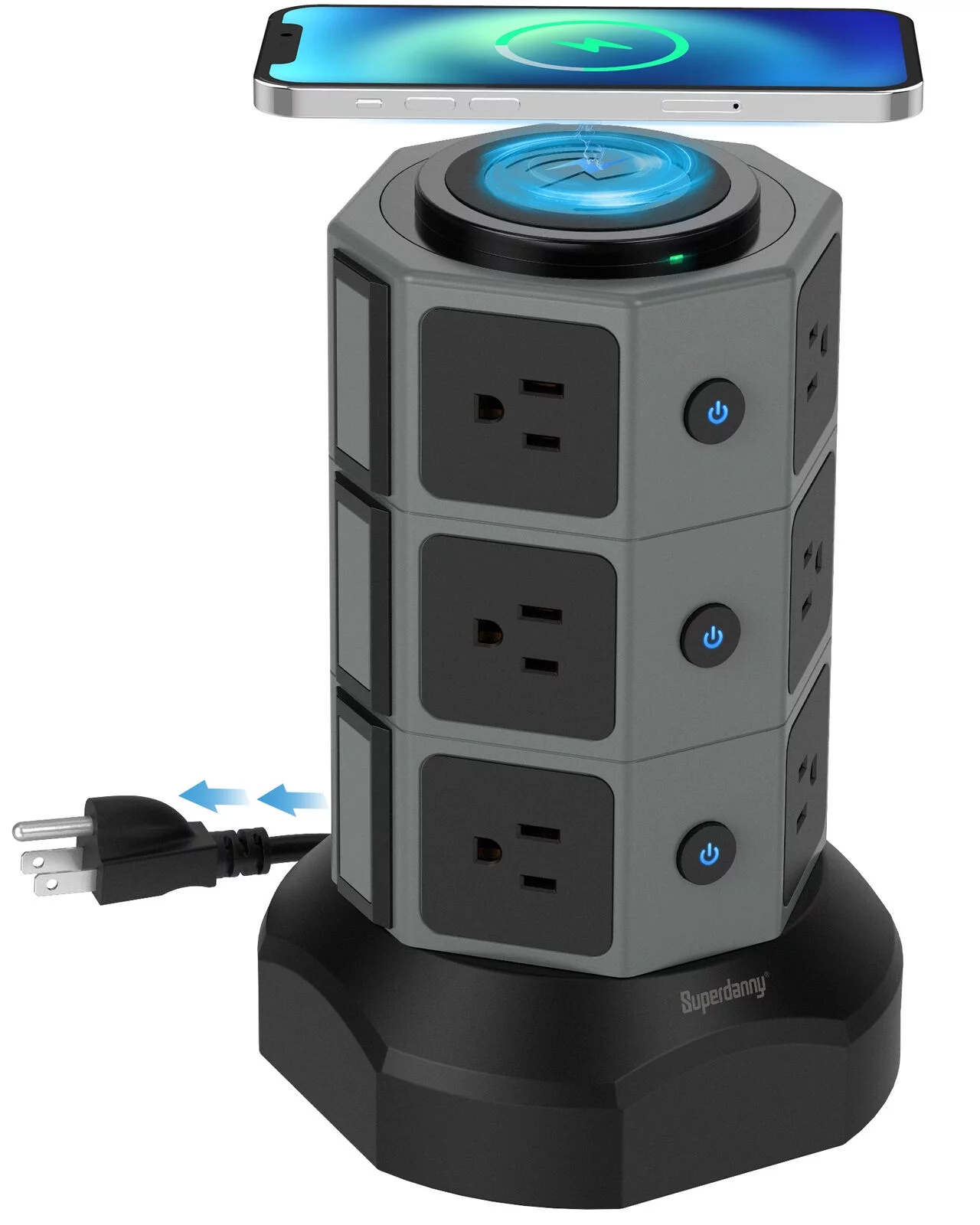 SUPERDANNY Surge Protector Power Strip Tower with Wireless Charger USB Ports 12 AC Outlet 6.5FT