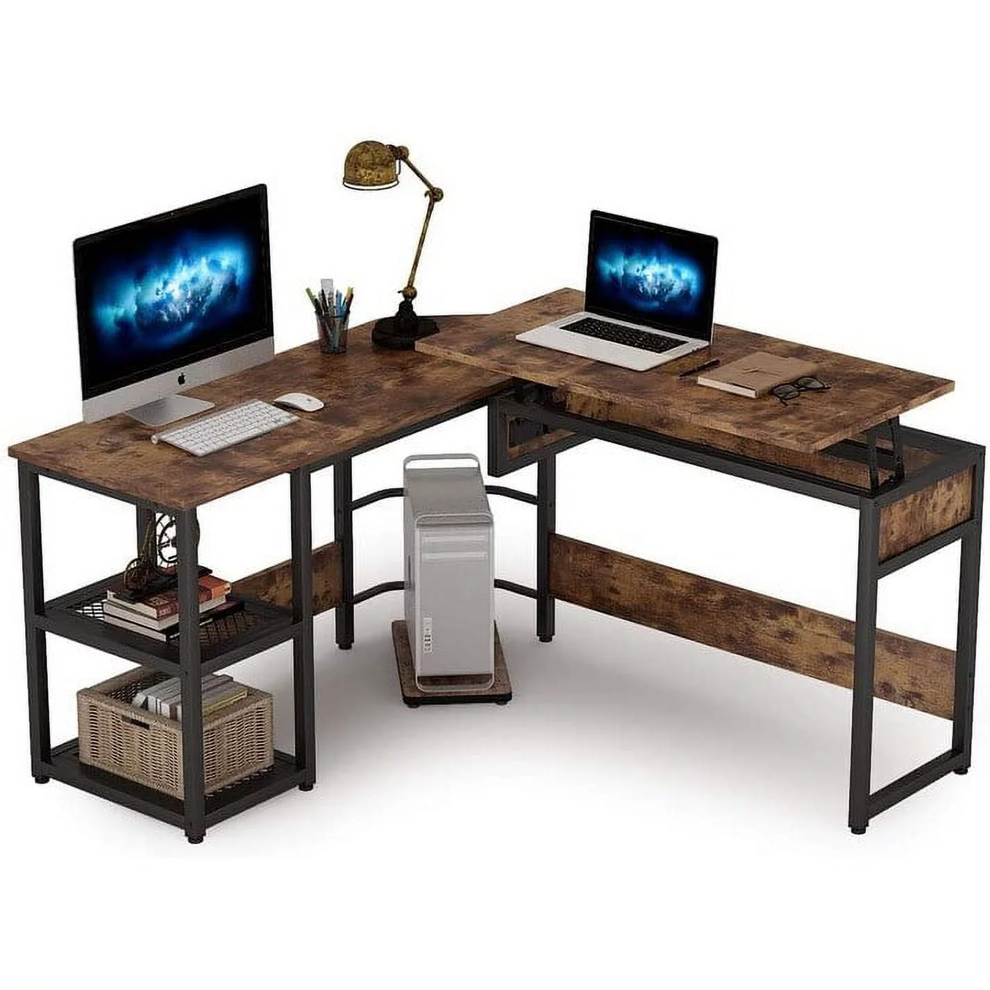 L-Shaped Computer Desk with Lift Top, 59 inch Height Adjustable Office Corner Desk with Shelves Vintage Brown