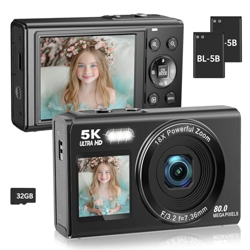 Dual Screen 5K Digital Camera for Vlogging with Fill Light - 80MP, 16X Zoom, WiFi, YouTube/Blogging, Includes 32GB Card & 2 Batteries (X9-Black)