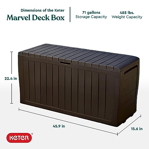 Keter Marvel Plus 71 Gallon Resin Outdoor Storage Box for Patio Furniture Cushions, Throw Pillows, Garden Tools and Pool Floats, Brown