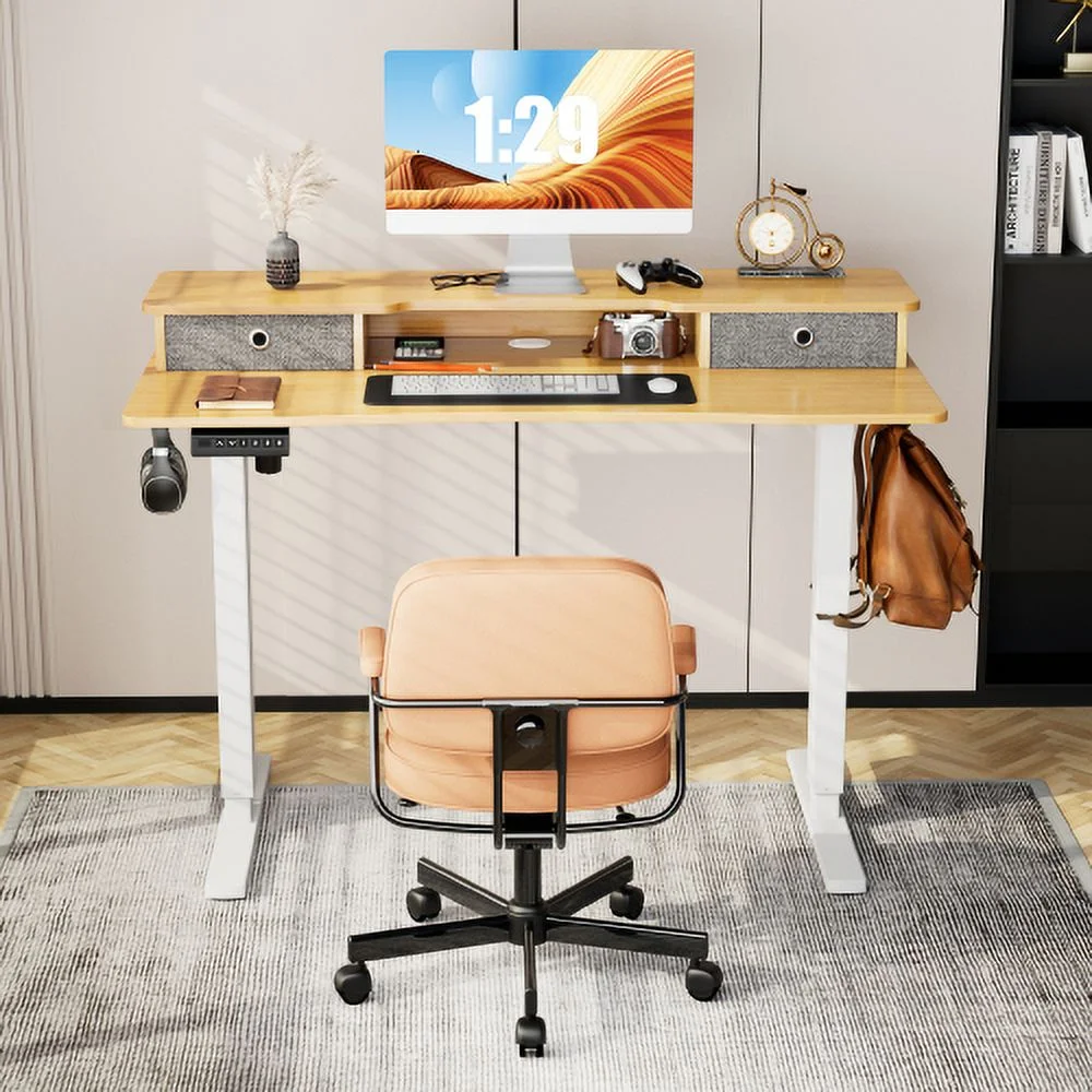 Home Office Height Adjustable Electric Standing Desk with Storage Shelf Double Drawer