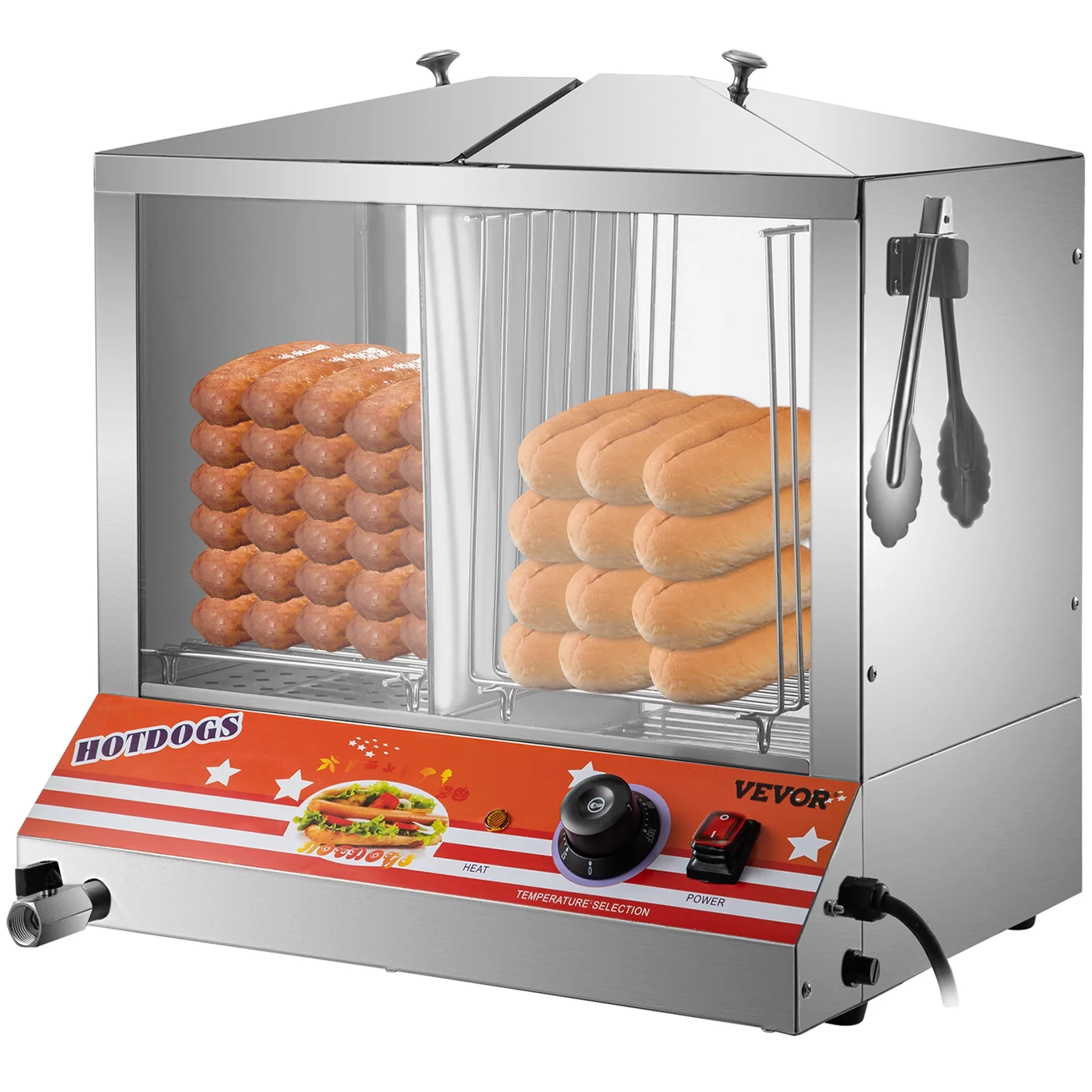 BENTISM Hot Dog Warmer,Top Load Hut Steamer for 100 Hot Dogs&48 Buns,Stainless Steel food warmer with Bun Warmer,Electric Bun Warmer Cooker with Tempered Glass Partition Plate Shelves