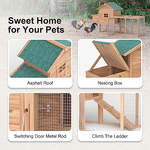 Outdoor Chicken Coop for 2-4 Chickens Wooden Hen House Poultry Pet Hutch Run Cage w/Waterproof Asphalt Roof, Ramp, Nesting Box, Wire Fence (80