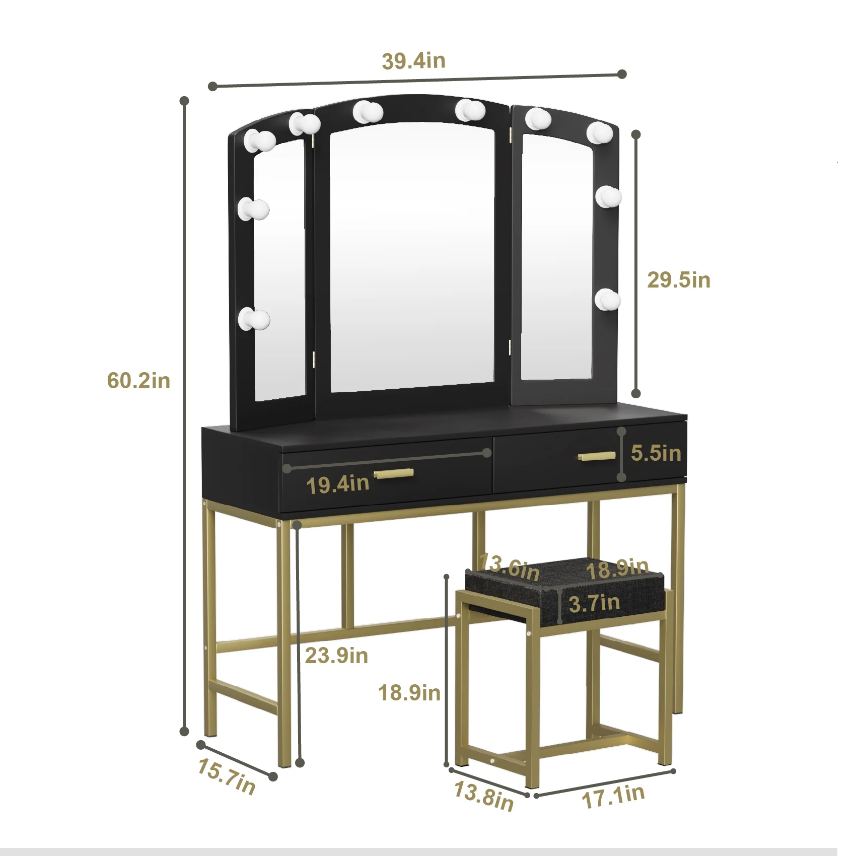 Semiocthome Vanity Table with 10 Led Lights, Makeup Desk with Lighted Mirror,Modern Dresser for Bedroom Black Finish