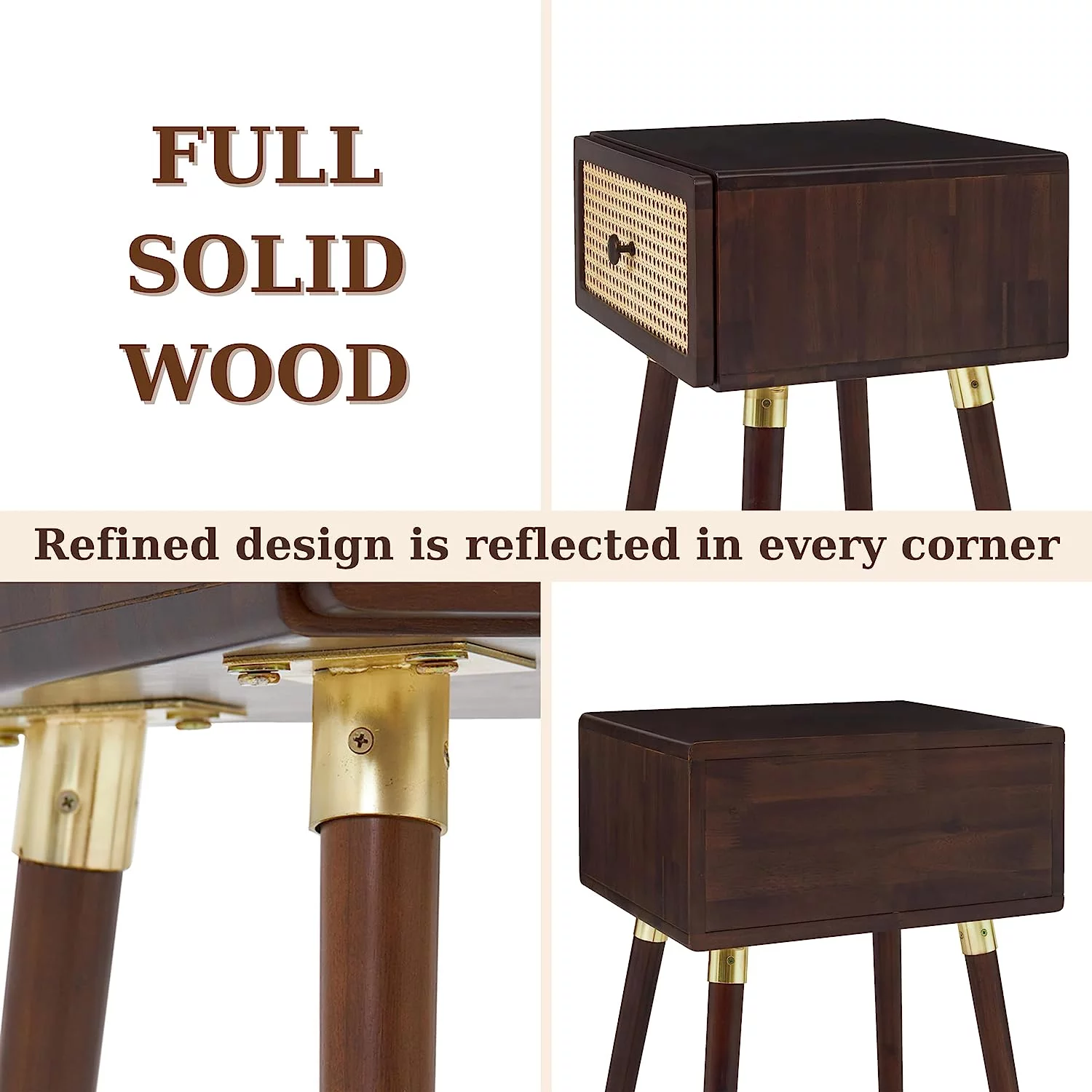 Bme Nipe Rattan Solid Wood Nightstand Fully Assembled, Boho Accent End Table, Vintage Side Table with Large Storage Drawer for Coastal Mid Century Modern Bedroom, Walnut