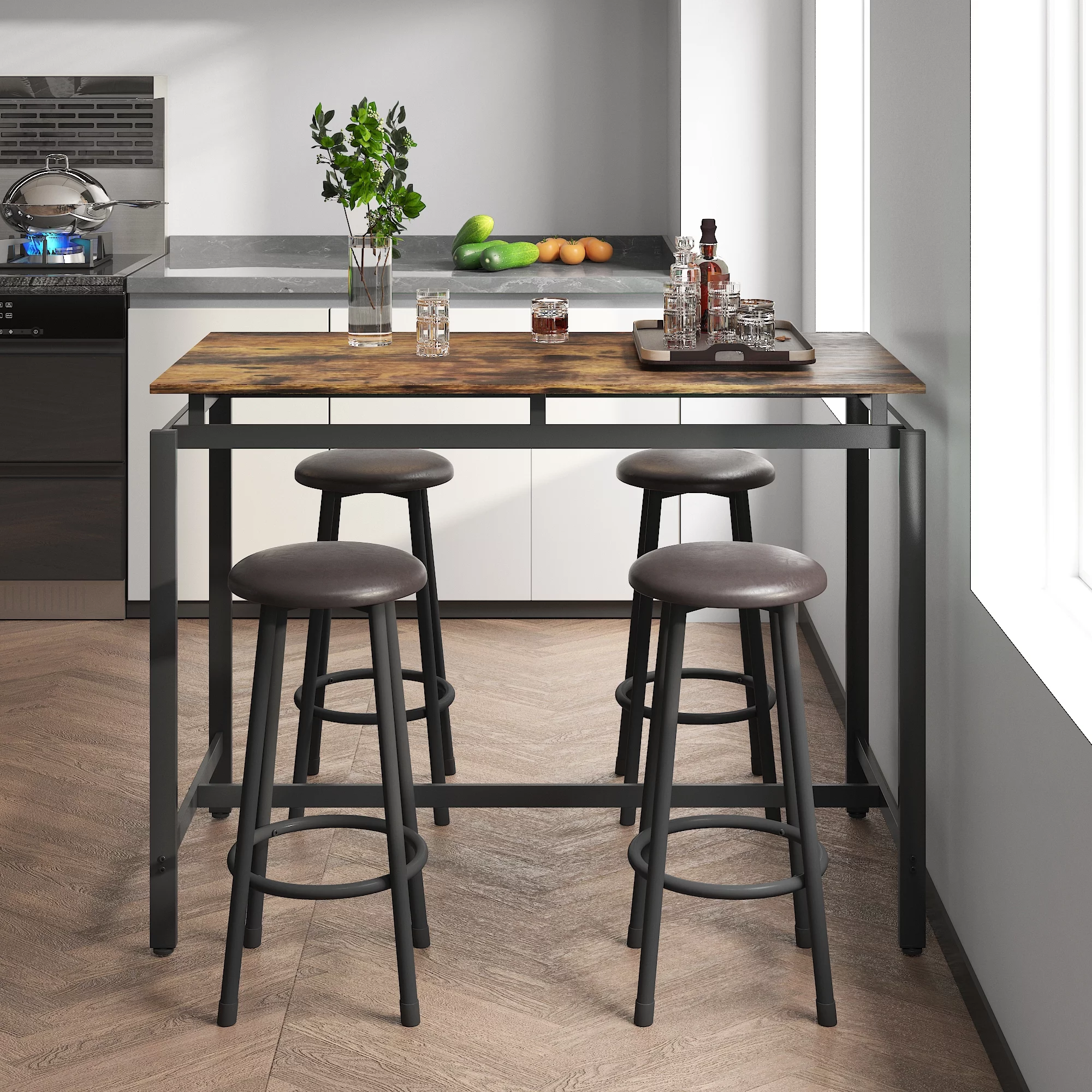 5 Pieces Dining Table Set, SYNGAR Counter Height Dining Bar Table Set with 4 Round Cushioned Stools, Pub Bistro Set with Rustic Brown Tabletop, for Bar, Home, Kitchen, D8730