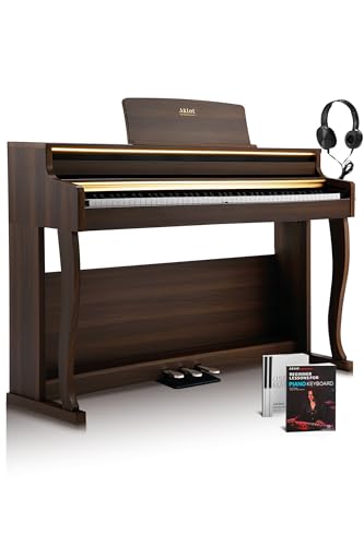 AKLOT Upright Digital Piano Keyboard: 88-Key Graded Hammer Action Weighted Keyboard with Ambient Light, Triple Pedal, USB-MIDI, Dual 25W Speakers, Beginner Lesson Book, Headphones, Stickers, AUR-LS02