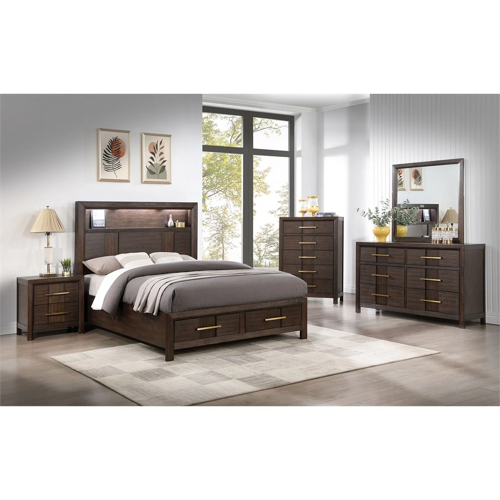 Pemberly Row 5PC King Modern Bedroom Set made with Wood in Walnut color