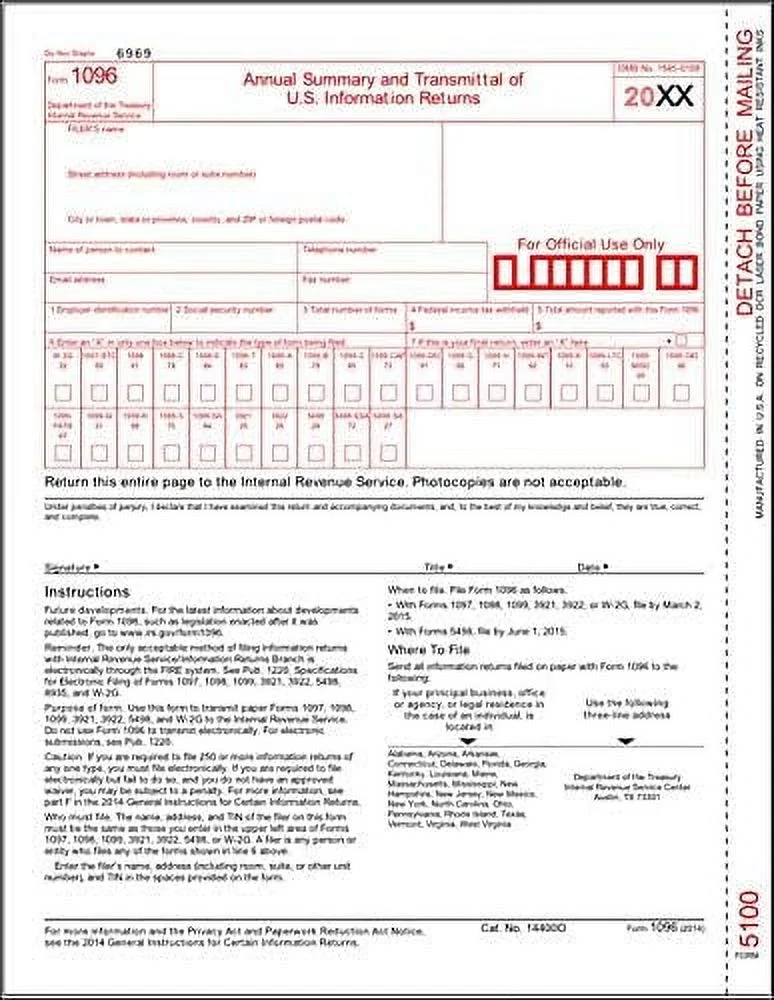 IRS Approved 1096 Laser Transmittal/Summary Red Form - 5 Pack