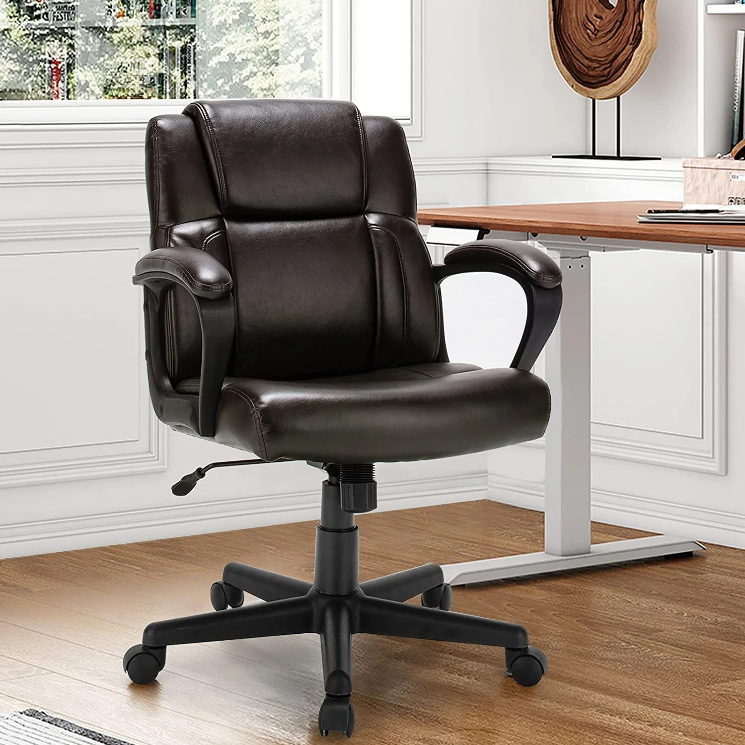 HJZBNONE Office Chair  Leather Modern Executive Chair  Ergonomic Mid Back Computer Desk Chair w/Padded Armrests  Height Adjustable Swivel Task Chair w/Rocking   Dark Brown
