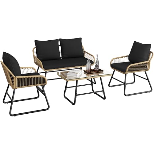 Yaheetech 4 Piece Patio Furniture Set, Outdoor Wicker Conversation Sets, Boho Loveseat & 2 Armchairs with Cushion and Pillow, Glass Top Table for Backyard, Porch, Balcony, Deck - Tan/Cream