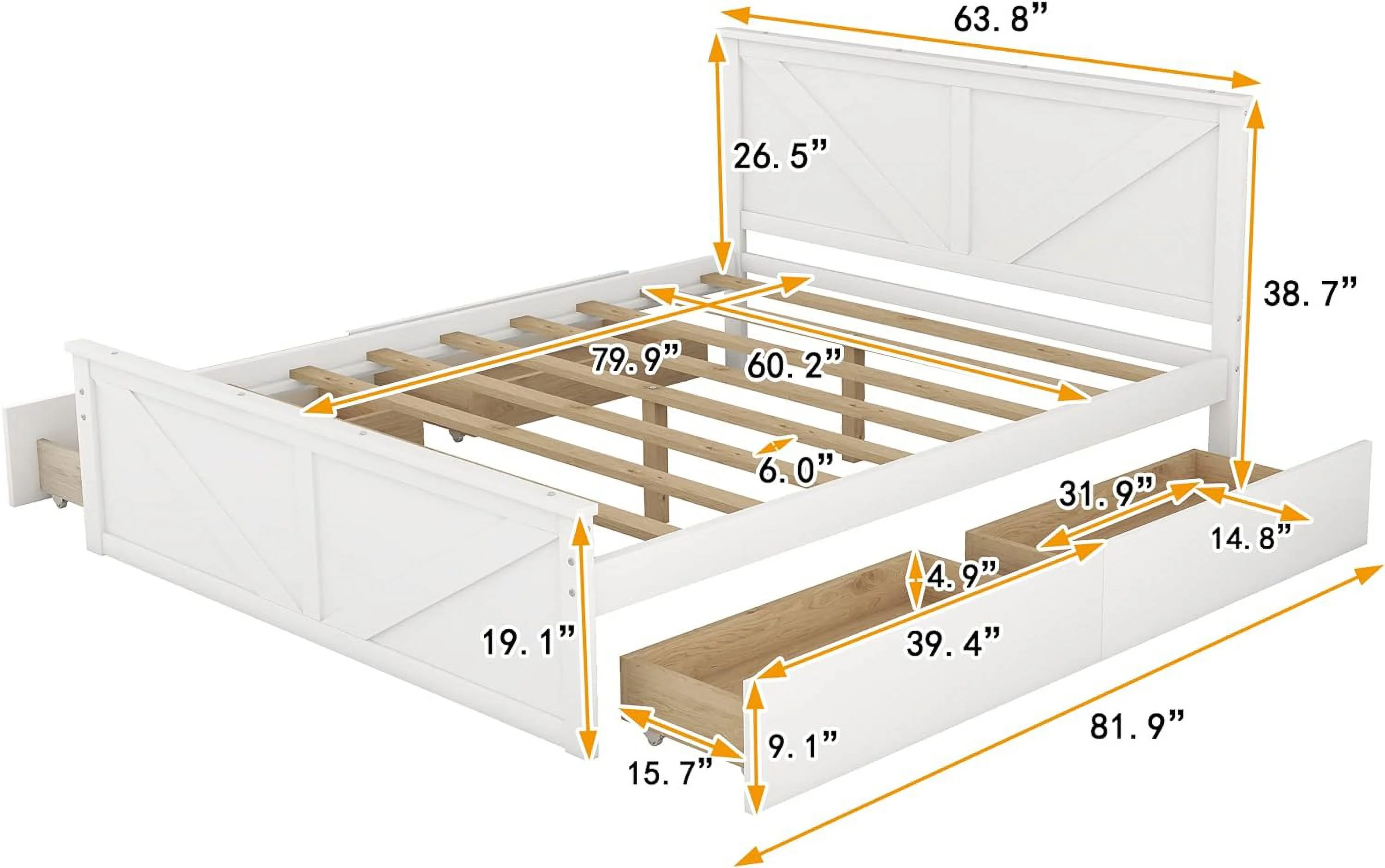 Quee Size Platform Bed With 4 Drawers, Woode Quee Platform Bed Frame With Support Legs, o Box Sprig eeded, White