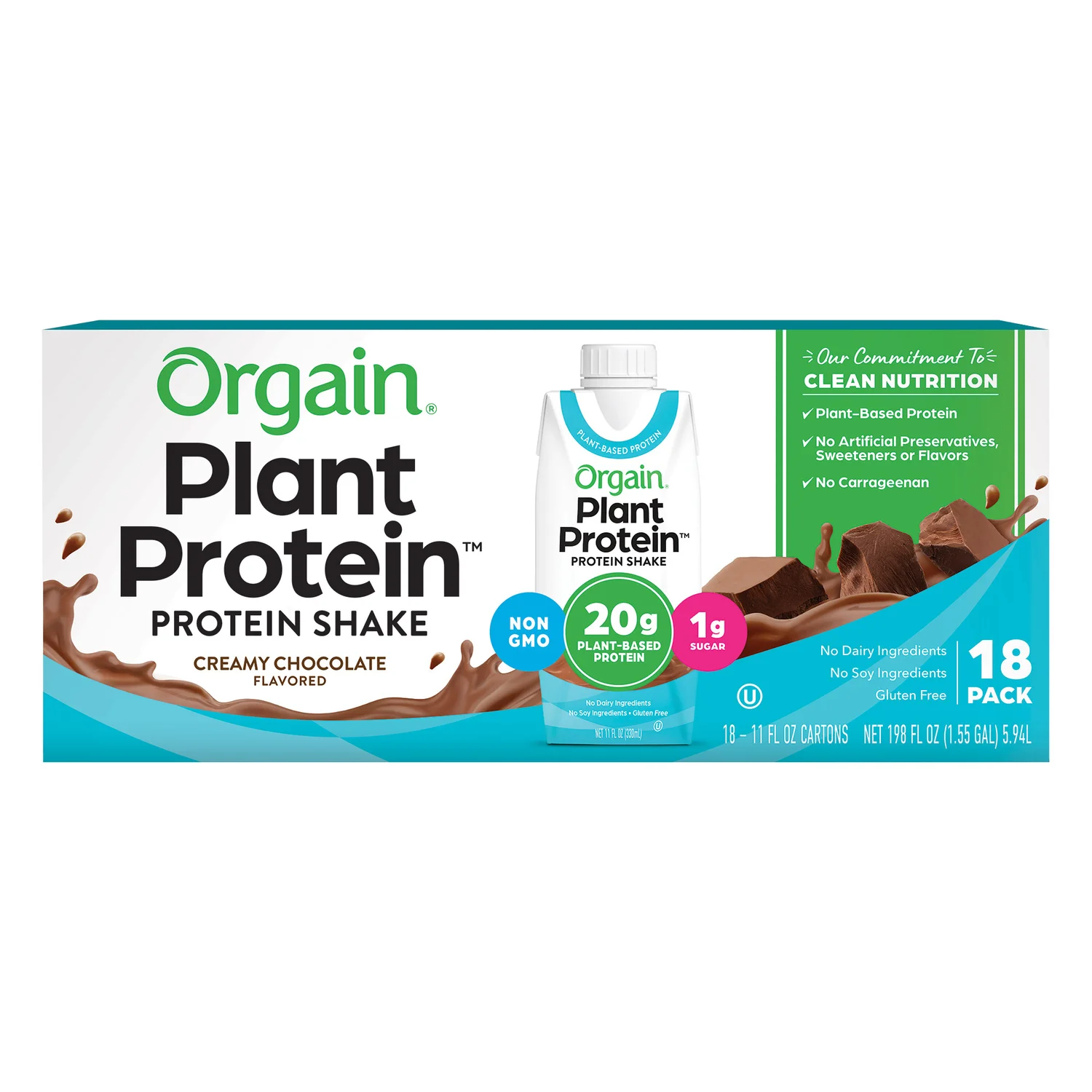 Orgain Plant-Based Protein Shake Chocolate 11 fl oz, 18-pack
