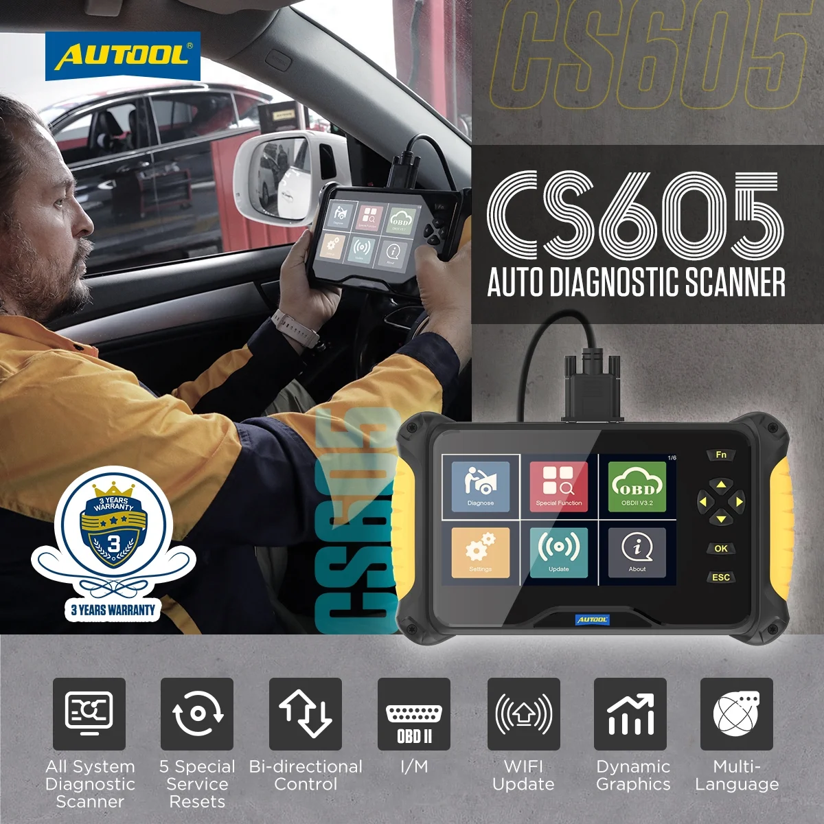 AUTOOL CS605 Car Code Reader OBD2 Scanner Computer Reader Automotive Diagnostic Tool Oil/EPB/ABS/SAS/ Throttle Reset Diagnostic Tool for All PCM BCM Electrical System