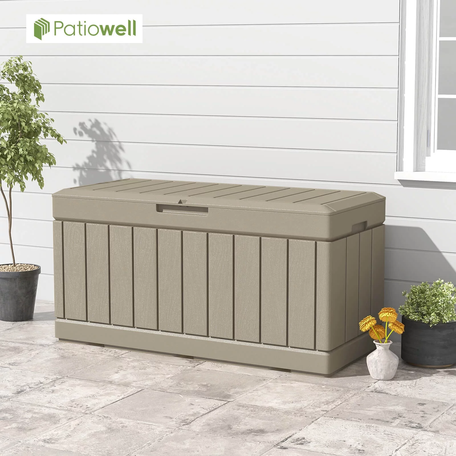 Patiowell 82 Gallon Deck Box Outdoor Storage Resin Wood Look Storage Box with Lockable lid for Patio Furniture, Light Brown