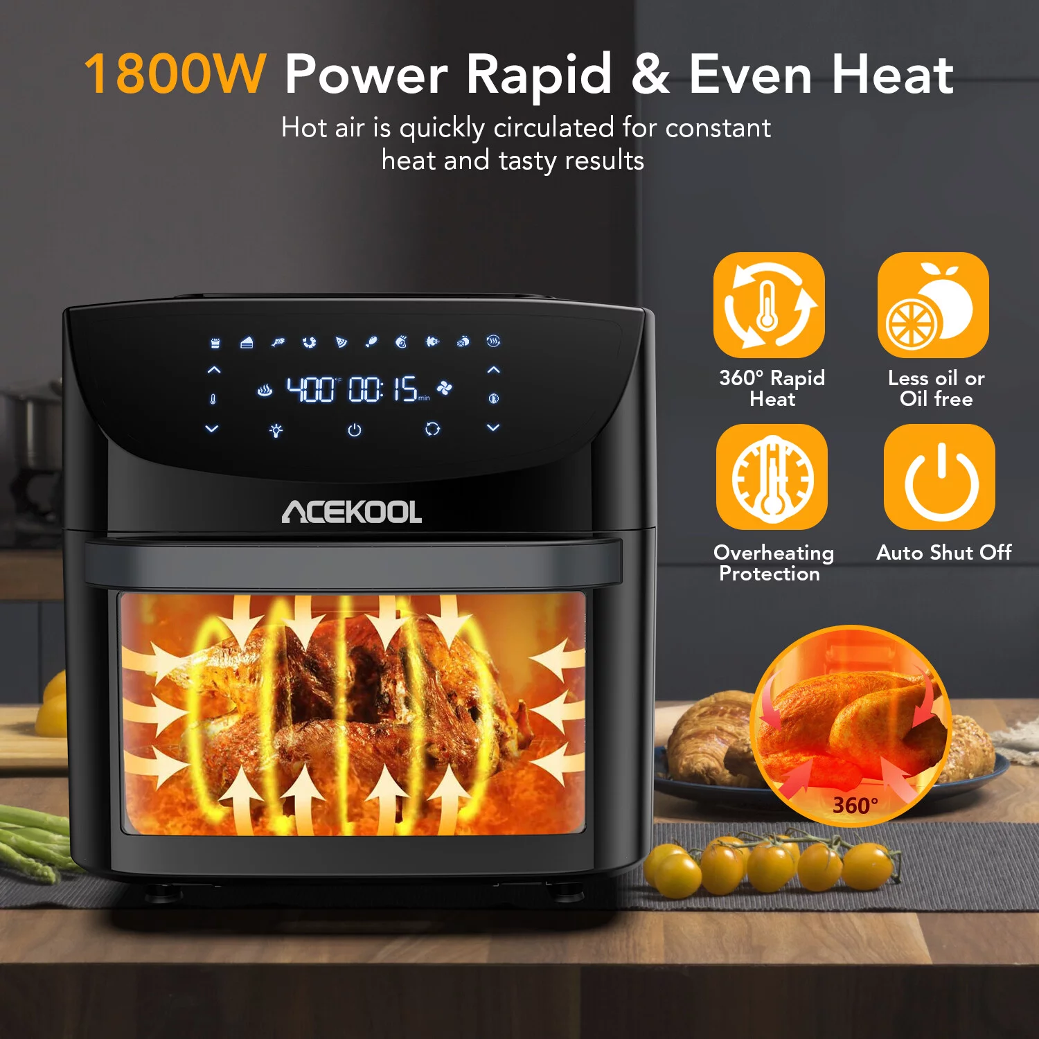 Acekool 19 Qt 1800 W 10-in-1 Digital Air Fryer Countertop Oven
