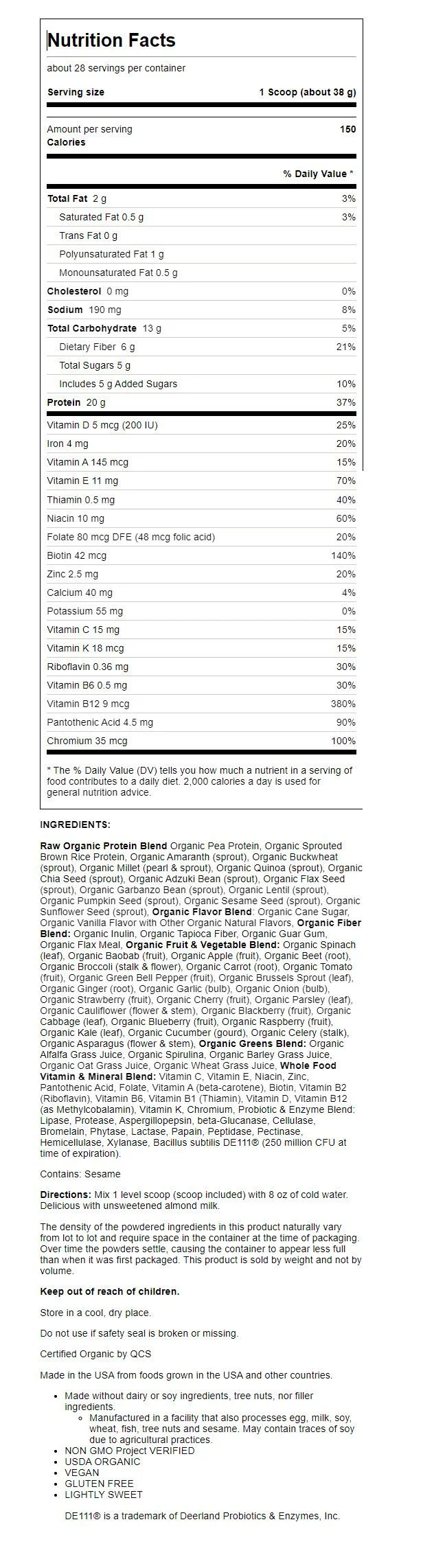 Garden of Life Raw Organic Meal Replacement Shake Powder, Lightly Sweet, 20g Protein, 2.3lb, 36.6oz