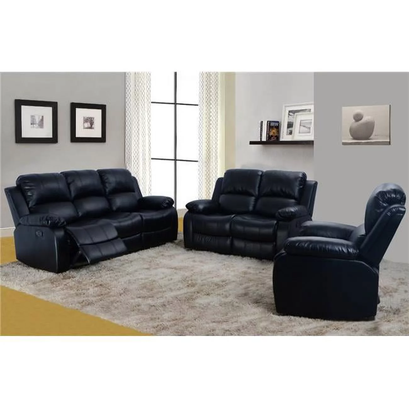 Lifestyle  Reclining Living Room Sofa Set - Bonded Leather, Black - 3 Piece