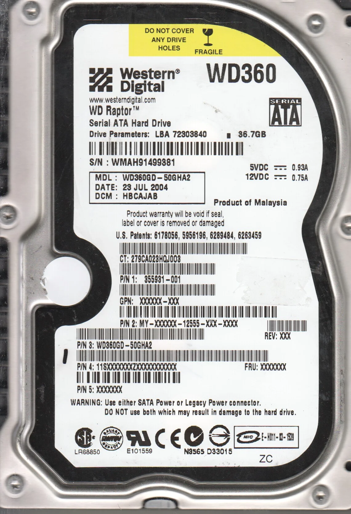 WD360GD-50GHA2, DCM HBCAJAB, Western Digital 36.7GB SATA 3.5 Hard Drive