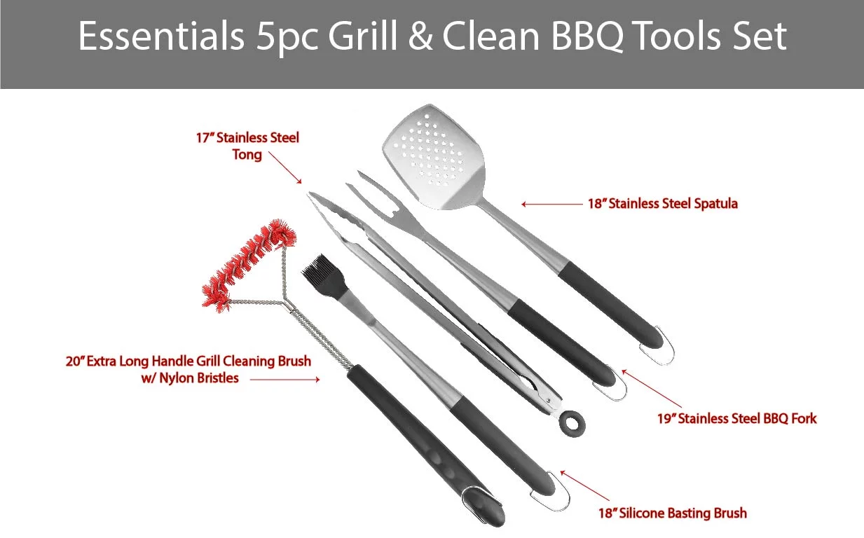 PitMaster King BBQ Grill & Clean 5pc Essentials Tools Set with Spatula, Tong, Basting Brush, BBQ Fork and Grill Brush