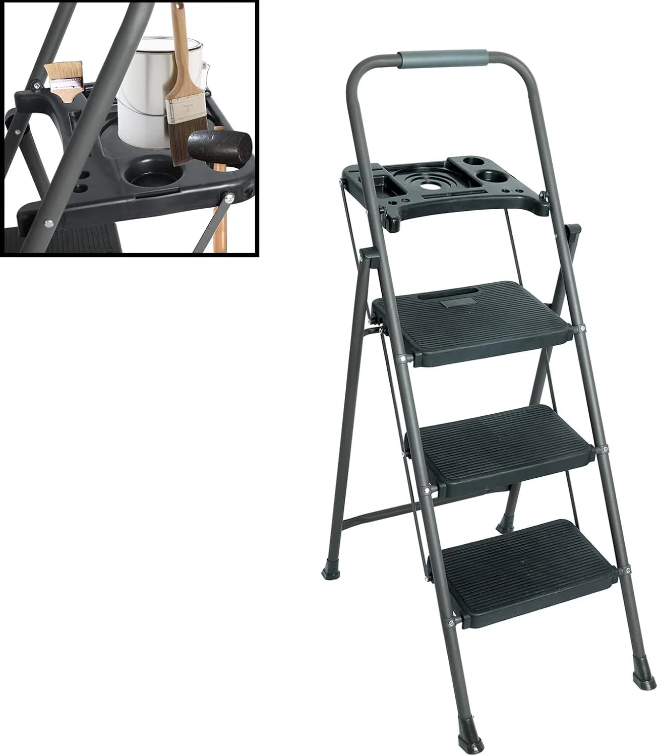 5 Step Ladder with Handrails, Folding Step Stool with Tool Tray Platform, 330lbs Portable Tall Step Labber for Adults for Home Kitchen Library Office