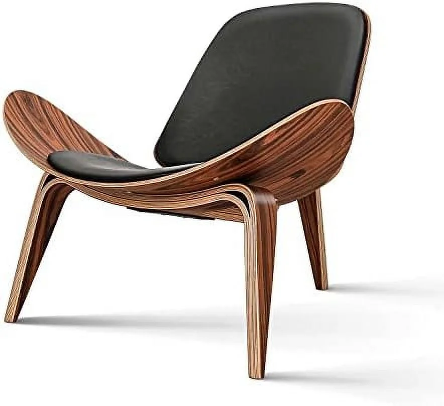 TJUNBOLIFE Mid Century Modern Shell Lounge Chair PU Leather Tripod Plywood Classic Design Solid Wood Accent Chairs for Living Room Reading Lounge Office Salon Style-17