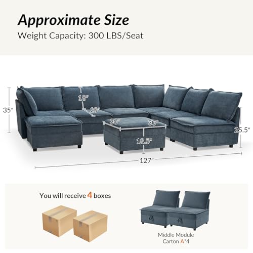 HULALA HOME 127'' Modular Sectional Sofa, Oversized U Shaped Couch with Storage Ottoman, Extra Deep Seat, Modern Comfy Chenille Sofa with Chaise, 6 Seat Convertible Couches for Living Room, Beige