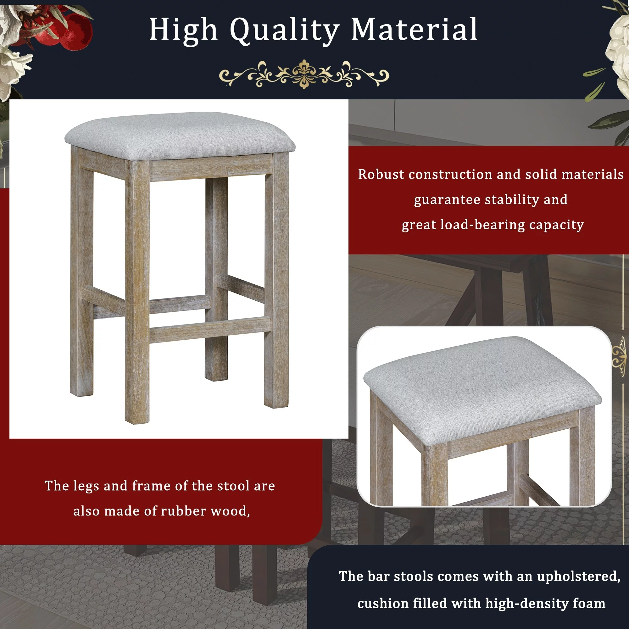 Distressed Multipurpose Kitchen Bar Table Set with Upholstered Stools Natural Wood Wash