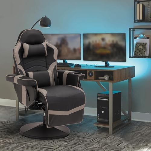 Gaming Chairs for Adults, Gaming Chair with Footrest, Massage Gaming Chair w/Adjustable Height and Backrest, Swivel Video Game Chair with Lumbar Support, Side Pouch (Black& Grey)
