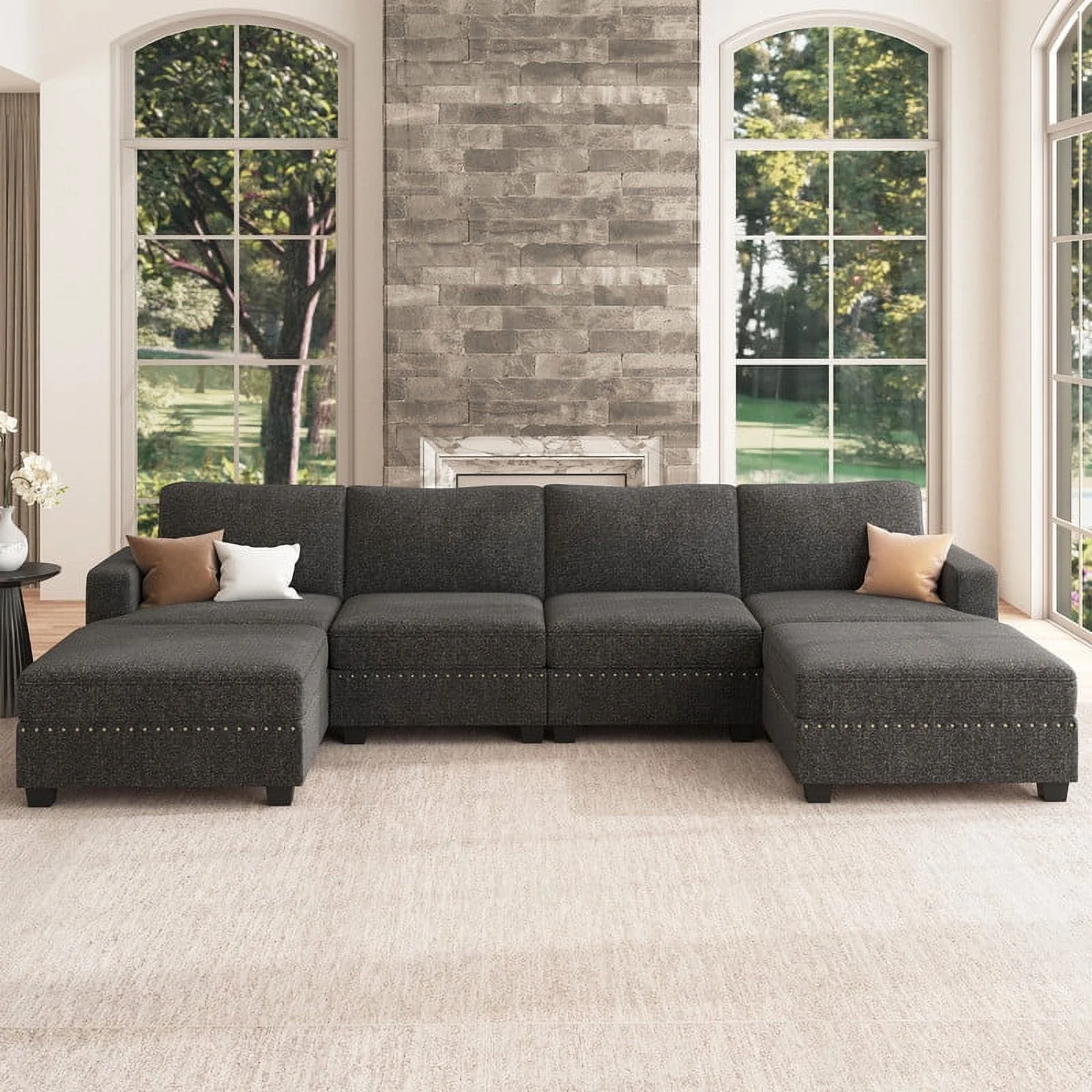 Nolany Modern U Shaped Modular Sectional Sofa with Storage Ottoman for Small Space, Dark Grey