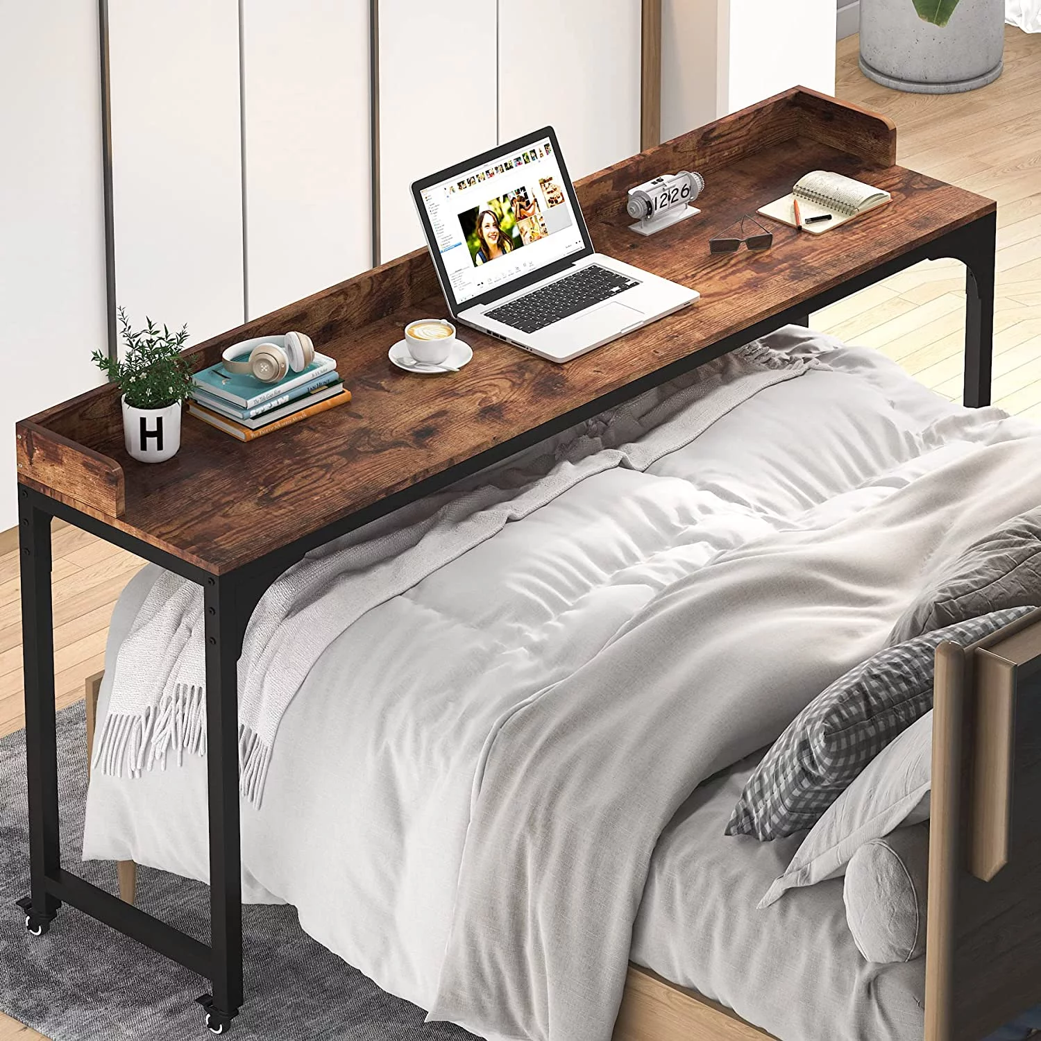 Tribesigns Brown Overbed Table with Wheels 70.8
