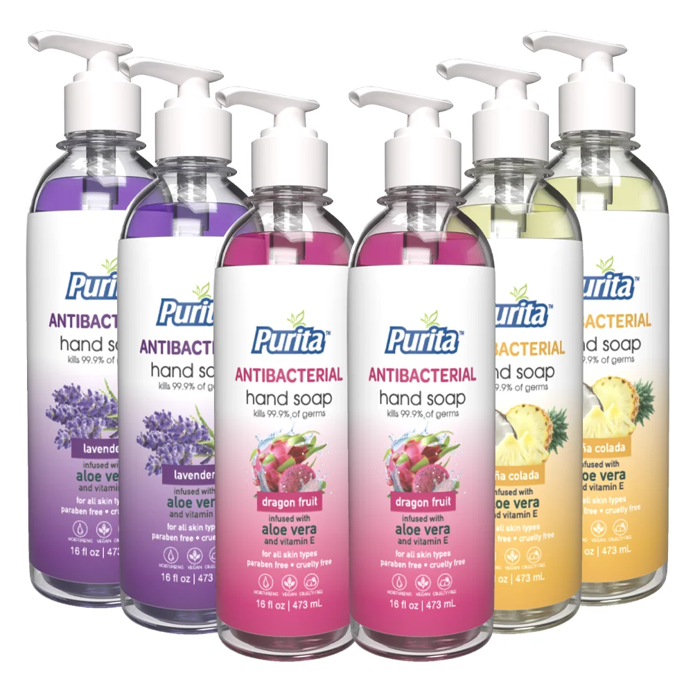 PURITA‚ Antibacterial Hand Soap (2x Dragon Fruit, Lavender, Piña Colada) w/ Aloe Vera & Vitamin E Variety-Pack of 6
