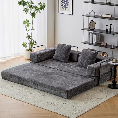 Convertible Sleeper Sofa Bed with Cylindrical Pillow, Corduroy Folding Mattress Couch with Fixed-Shape Frame, Floor Sofa Lounge Couch for Living Room Bedroom Lounge Studio, Beige