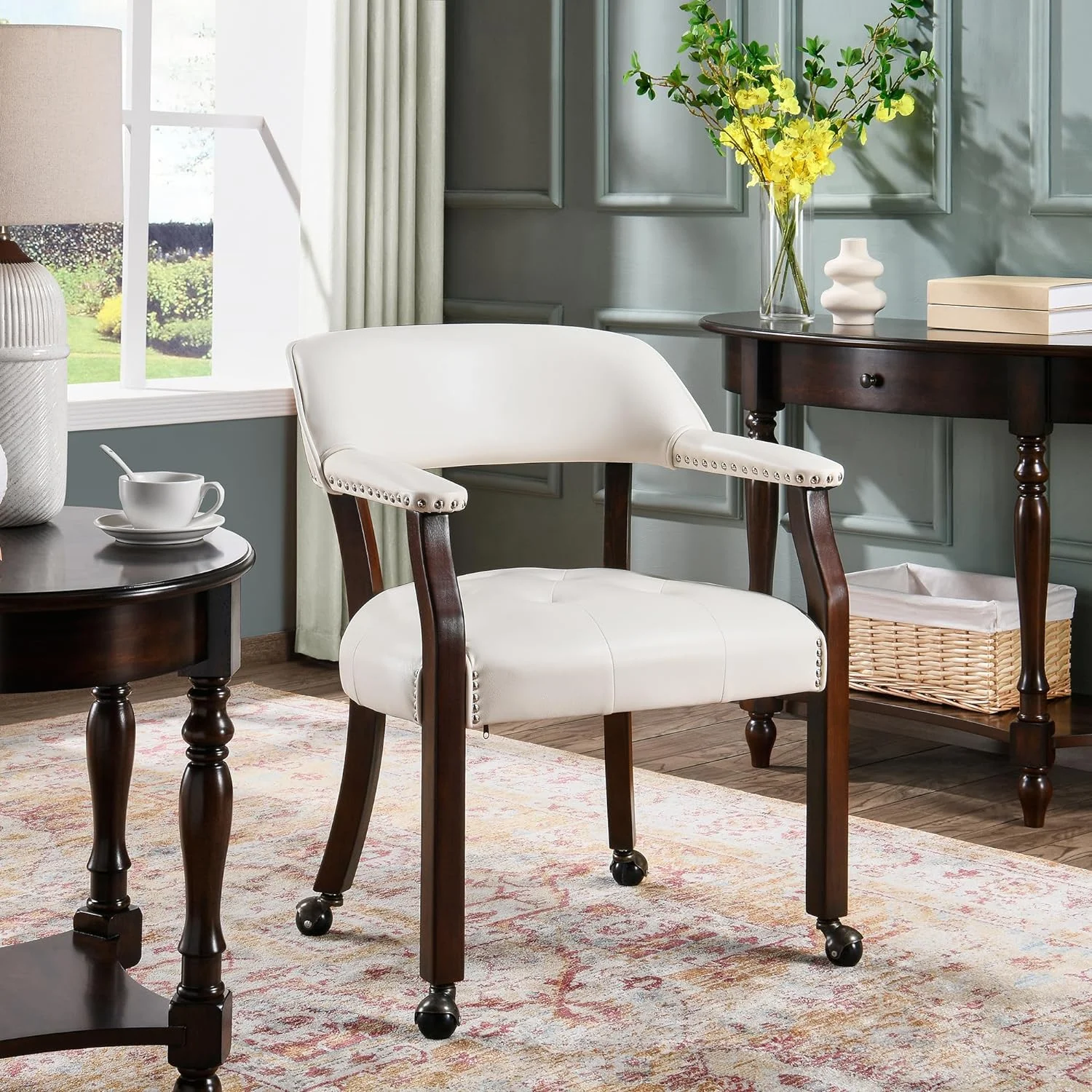 Dining Chairs With Casters And Arms, Rolling Dining Chairs With Wheels, Accent Game Chairs, Solid Wood Caption's Chairs Office Desk Chairs, Cherry Legs & Ivory PU, SY-1533-WT
