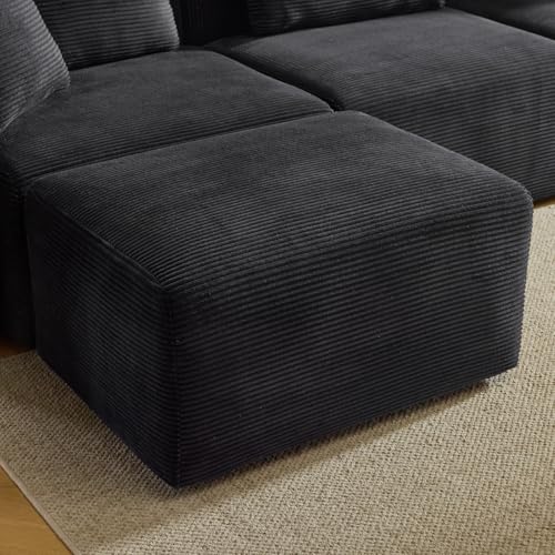 VINGLI 112.2“ Convertible Corduroy Cloud Sectional Couches with Movable Ottoman, L-Shaped Upholstered Sofa with Deep Seat & Chaise Lounge, 3 Seater Modular Starter Sofa, No Assembly Required, Cream