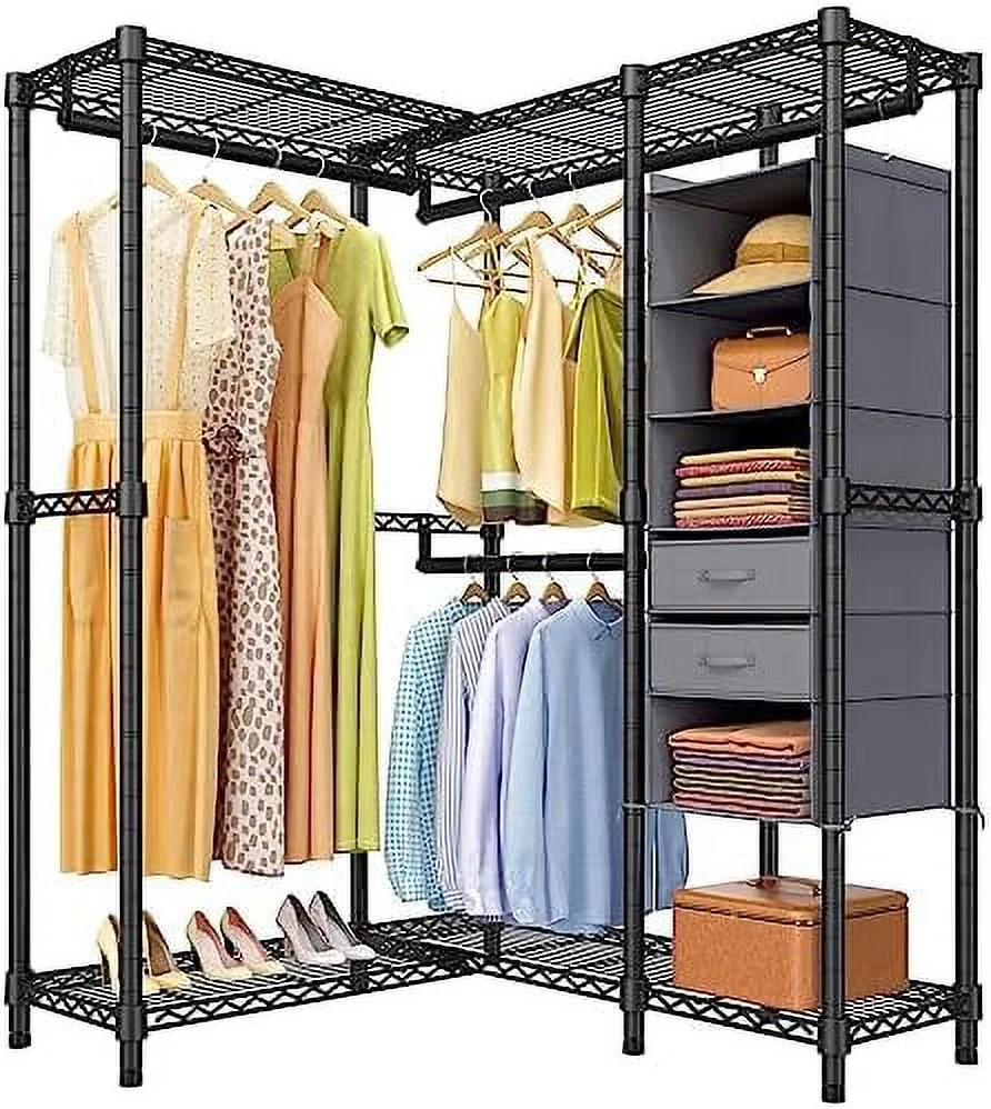 L6E Garment Rack For Hanging Clothes Heavy Duty Clothes Rack With Shelves, L Shaped Clothing Rack Portable Corner Closet Metal Freestanding Wardrobe With Organizer & Drawer, Max 715 LBS, Black