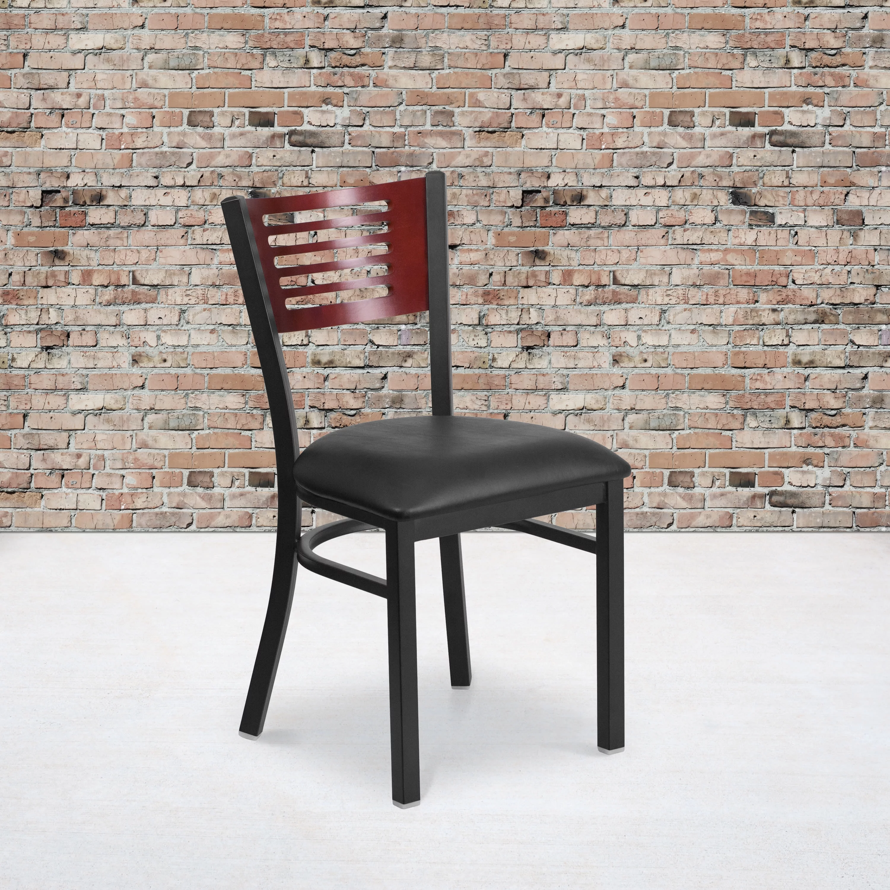 Flash Furniture 2 Pk. HERCULES Series Black Slat Back Metal Restaurant Chair - Mahogany Wood Back, Black Vinyl Seat