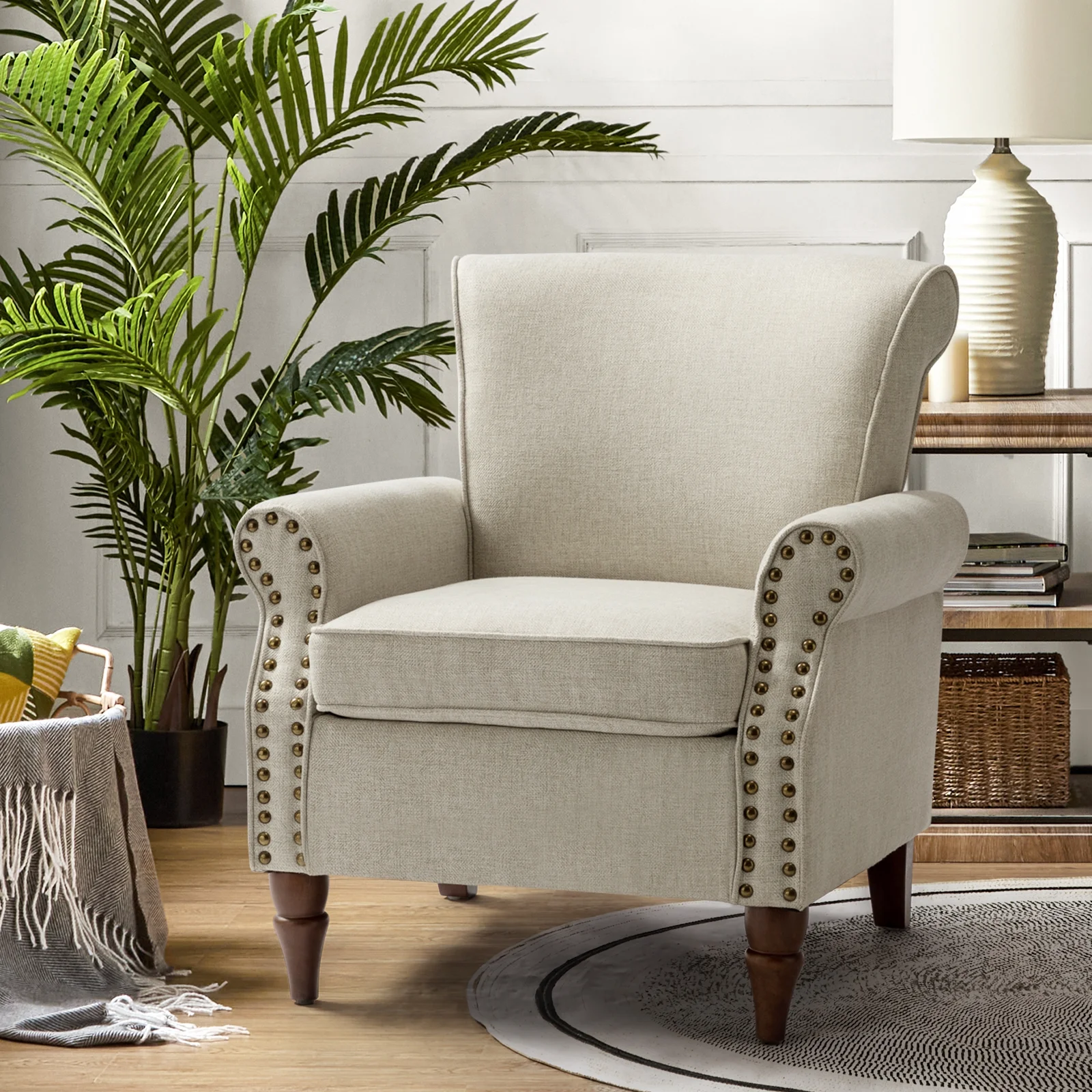 Traditional Armchair Turned Legs Accent Chair Nailhead Trim Home Living Room Bedroom Oatmeal