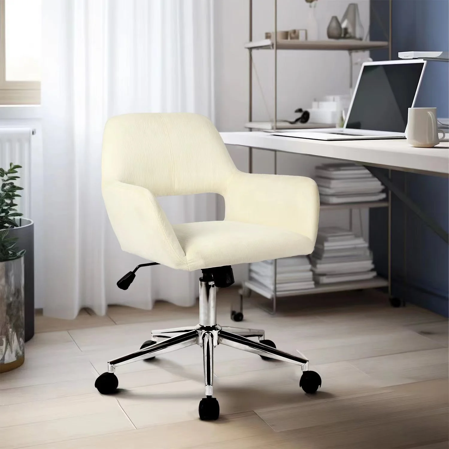 Homy Casa Home Office Chair Swivel Fabric Desk Chair Accent Armchair Upholstered Modern Tufted Chairs with Metal Base Ergonomic Study Seat Computer Task Stools for Living Vanity Room (Cream Beige)