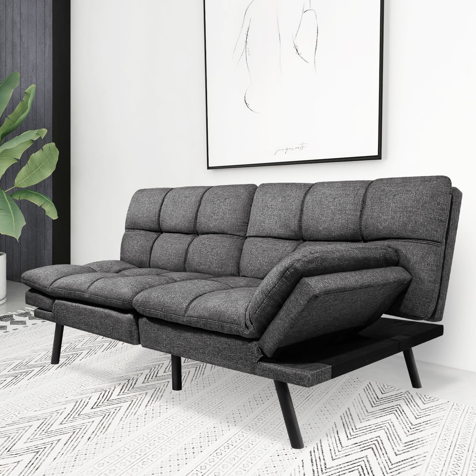 Modern Sofa, Convertible Memory Foam Futon Sofa Bed with Adjustable Armrests and Backrest,Gray