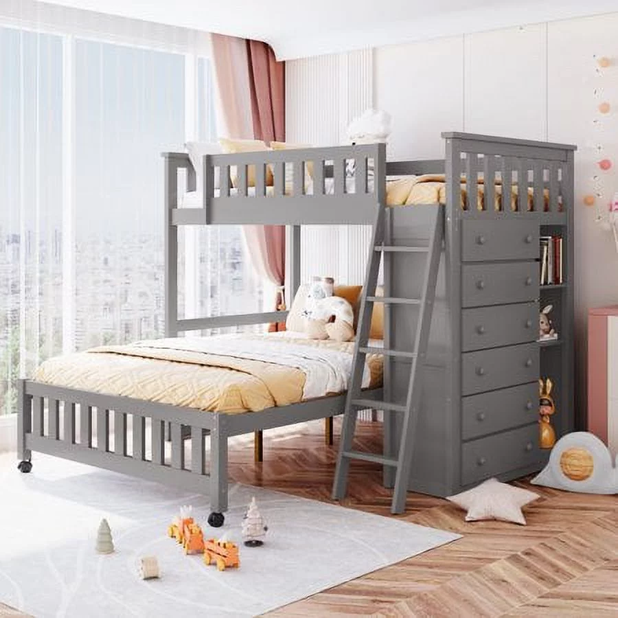 CHURANTY Twin Over Full Wooden Bunk Bed with 6 Storage Drawers and 3 Flexible Shelves, Twin Loft Bed with Movable Lower Bed, for Kids Teens Adults, Gray