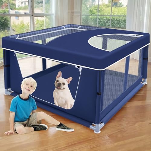 42x42x25.6 Inches Puppy Playpen with Gate, Dog Playpen for Puppies or Small Dogs, DogFence Pet Playpen for Indoor & Outdoor, Sturdy Safety DogPen with Thickened Fabric, High-Strength Nylon Wire Mesh