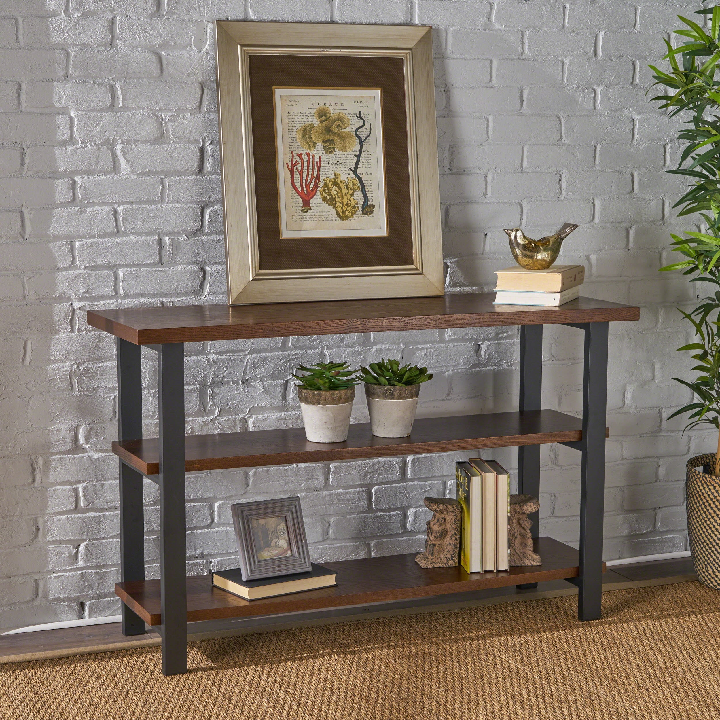 GDF Studio Tricou Modern Industrial Faux Wood 2 Shelf Bookcase, Dark Brown and Gun Metal